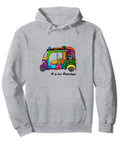 R Is For Rickshaw Desi Pullover Hoodie featuring a colorful rickshaw graphic on gray fabric, perfect for casual festivals.