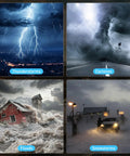 Collage of severe weather conditions: thunderstorms, cyclones, floods with a house, and snowstorms with a car.