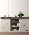 72 Inch Mini Barn Door Hardware Kit For Double Cabinet Doors Top Mount Design Oil Rubbed Bronze Finish installed on a cabinet