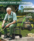 Elderly man using the All-In-One Rolling Garden Stool With Wheels, Heavy Duty Outdoor Cart For Yard And Patio, in garden.
