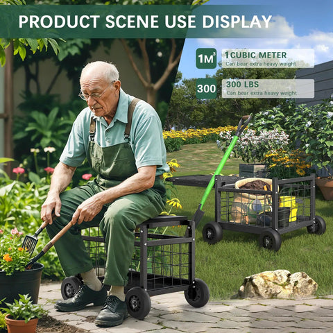 Elderly man using the All-In-One Rolling Garden Stool With Wheels, Heavy Duty Outdoor Cart For Yard And Patio, in garden.