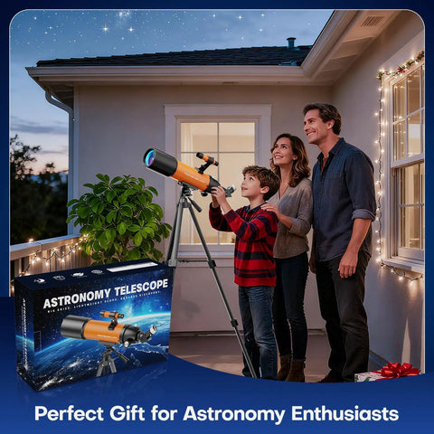 Family using 90mm Refractor Telescope For Beginners And Kids With Tripod And Phone Mount on terrace, orange