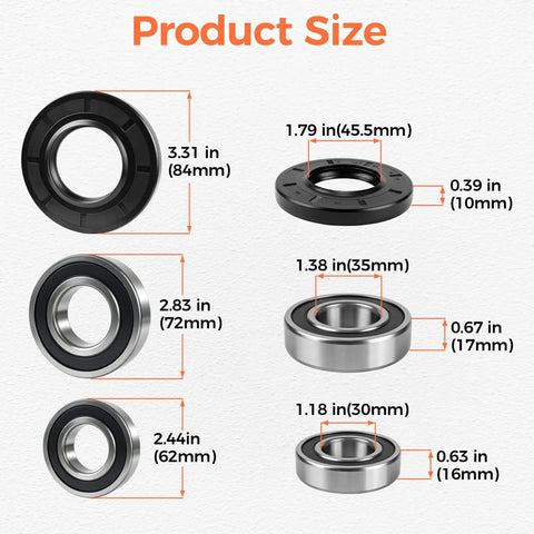 Heavy Hitter Washer Bearing And Seal Kit For Samsung Front Load Washers Replacement DC62-00156A 6601-002637 6601-000148 size dimensions of bearings and tub seal.