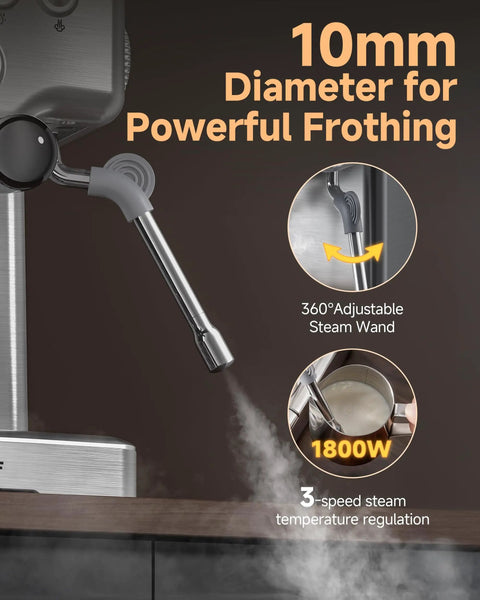 Close-up of 10mm steam wand on 58mm Espresso Machine With PID Temperature Control And Built In Pressure Gauge For Light To Dark Roast Beans