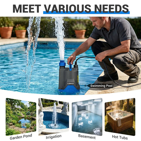 Man using Submersible Water Pump 1/3 HP 2450 GPH Portable Electric Transfer Pump in pool