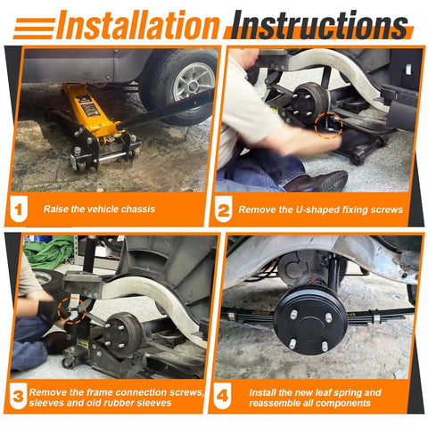 Installation instructions for Built To Last Rear Leaf Spring Swap Kit For Club Car Precedent Golf Carts, detailed steps shown.