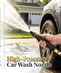High Pressure Car Wash Water Gun With Booster Nozzle spraying car wheel, durable metal build, easy grip handle for car washing.