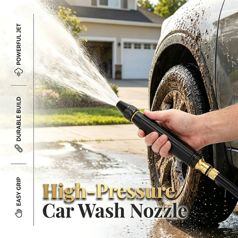High Pressure Car Wash Water Gun With Booster Nozzle spraying car wheel, durable metal build, easy grip handle for car washing.