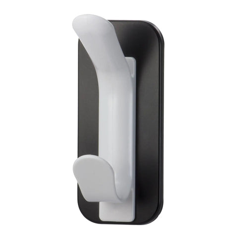 Magnetic Double Coat Hook With Extra Strong Backing For Office School Or Home Easily Hang Coats Hats Umbrellas On Metal Surfaces With A Heavy Duty Firm Grip. White and black two-hook design on a metal surface.