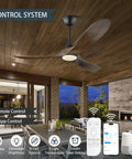 52 Inch Smart Outdoor Ceiling Fan With Lights For Patios Damp Rated Walnut Wood 3 Blade Farmhouse Style With High Airflow DC Motor Remote App And Alexa Control installed on covered patio with remote and app-control features.