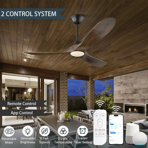 52 Inch Smart Outdoor Ceiling Fan With Lights For Patios Damp Rated Walnut Wood 3 Blade Farmhouse Style With High Airflow DC Motor Remote App And Alexa Control installed on covered patio with remote and app-control features.