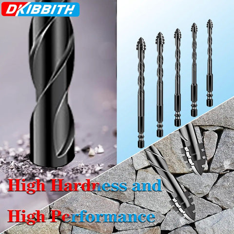 Beefy Four Flute Serrated Masonry Drill Bit Set For Fast Concrete Tile Brick Glass And Ceramic Drilling Five Piece Sizes Three Sixteenths Inch To One Half Inch, close-up view.