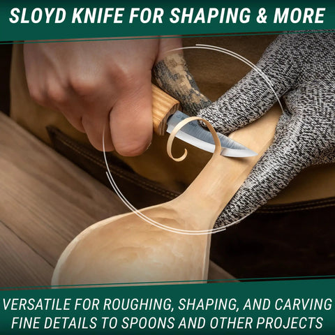 Score This Premium Wood Spoon Carving Knives Set featuring razor sharp sloyd blade in use on a wooden spoon.