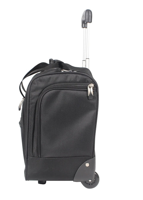 Side view of black Under Seat Carry On Bag With Rolling Wheels For Airline Travel Your Go To 15 Inch Personal Item With Durable Build