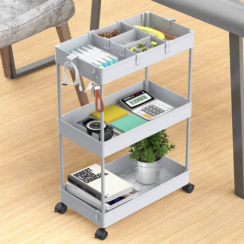 Three Tier Rolling Cart With Wheels For Office Living Room And Kitchen Gray Three Hanging Baskets Craft And Art Trolley Organizer