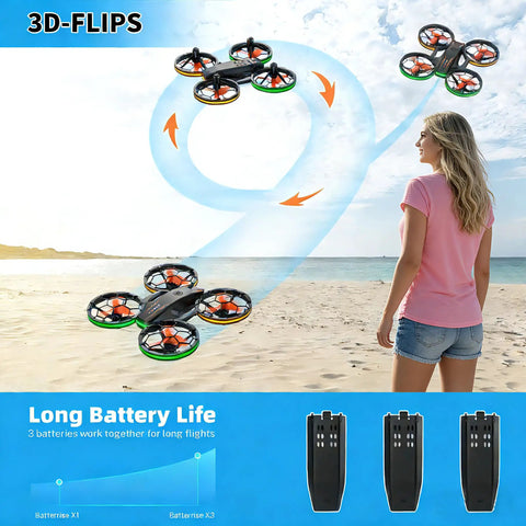 RC Drone With Auto Hover And Headless Mode For Easy Night Flights LED Lights Full Prop Guard 3D Flips flying near a beach