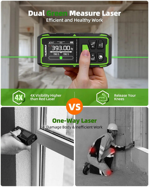 Nailing Every Job With This Upgraded Dual Laser Distance Meter Brings 395 Foot Range And Blazing Green Beams For Rock Solid 1/16 Inch Readings Plus Smooth Phone App Pairing