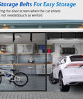 Magnetic Garage Door Screen 16x7 Ft With Retractable Fiberglass Mesh, showing interior use with car and bike, easy storage setup.