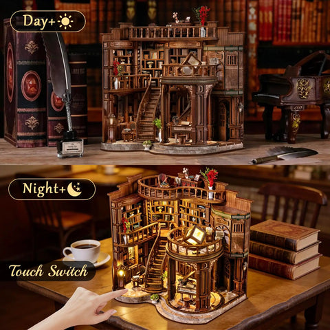 Cozy Chill Book Nook Kit For Adults, DIY Miniature Dollhouse Kit With 3D Wooden Puzzles, realistic stairs, and LED light display