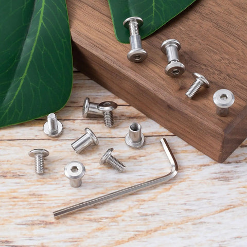 Top Shelf Stainless Steel Hex Socket Cap Bolts With Barrel Nuts And Hex Wrench M4 X 8MM Binding Post Screws Rust Resistant Hardware Kit on wood.