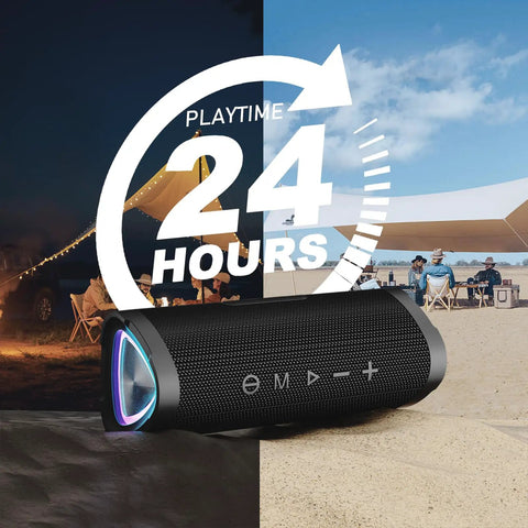 Compact Wireless Bluetooth Speaker With 24W Stereo Sound All Day 24H Playtime shown outdoors and camping