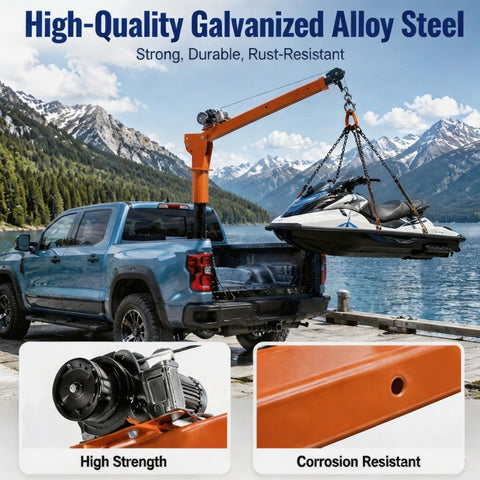 Heavy Hitter 1100 Lbs Truck Mounted Crane With 2000 Lbs Electric Winch, folding jib arm lifting a jet ski from a truck.