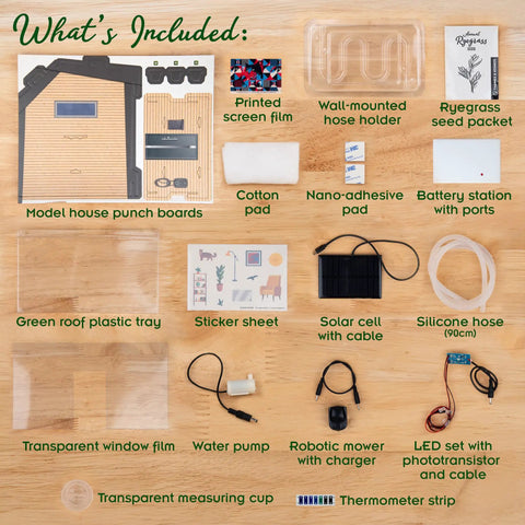 Hands On Green Energy STEM Kit For Kids And Classrooms Build An Energy Efficient Model Home With Solar Panel LEDs Sensors Explore Clean Energy Sustainable Living And Real World Green Architecture Lessons, parts laid out