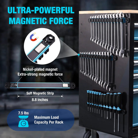 Magnetic Screwdriver And Wrench Organizer Rail Set, Heavy Duty Aluminum Tool Organizer With 36 Slots For Toolbox Drawers shown on tool cabinet