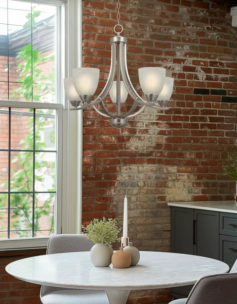 Farmhouse 24 Inch Five Light Chandelier With Clear Glass Shades, Adjustable Chain, Smoked Birch Finish in dining room setting