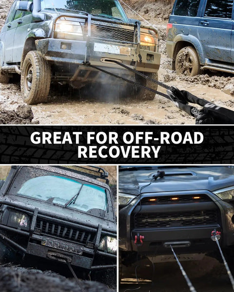 Heavy Duty 1/2 Inch Soft Shackles For Off Road Recovery Kit Featuring 56000 Pound Breaking Strength Uhmwpe Rope And Aluminum Anchor Ring rugged vehicles using shackles for off-road recovery.