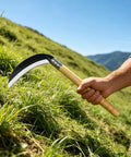 Lightweight Wood Handle Grass Sickle With Carbon Steel Blade For Easy Weeding And Lawn Care in use on lawn