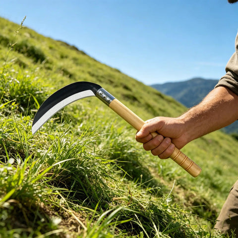 Lightweight Wood Handle Grass Sickle With Carbon Steel Blade For Easy Weeding And Lawn Care in use on lawn