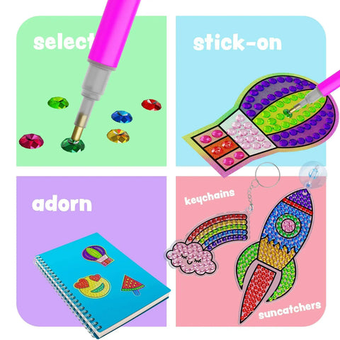 Ultimate Diamond Art Kit For Kids 6-12 3000+ Sparkly Gems For Unicorns, Rainbows, Rockets And More All In One Craft Set For Creative Boys And Girls Perfect Birthday Gift And Classroom Activity. diamond art kit with stylus, gems, notebook, keychains and suncatchers