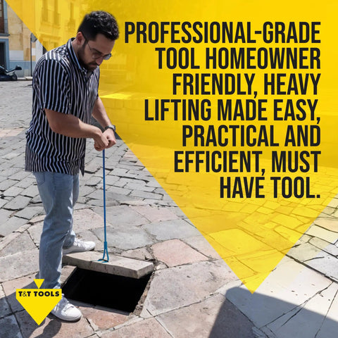 Man using Handy Hook Lifting Tool Set With 30 Inch Double Hooks Three Eighths Inch Steel 2 Pack on storm drain