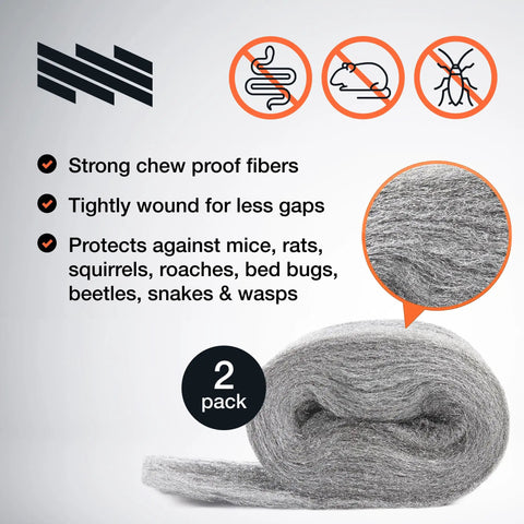 Steel Wool Pest Blocker 2 Pack For Mouse Control And Rodent Deterrent To Seal Pipe Gaps showing strong chew proof fibers.