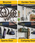 Four Pack Garage Ceiling Bike Hooks Overhead Mount For Hanging Bicycles And Tools Heavy Duty 33 Lb Capacity 3x6 Inch L Shaped Hooks in use