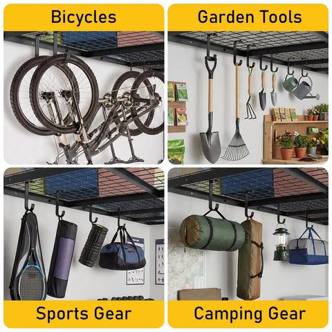 Four Pack Garage Ceiling Bike Hooks Overhead Mount For Hanging Bicycles And Tools Heavy Duty 33 Lb Capacity 3x6 Inch L Shaped Hooks in use