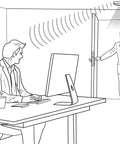 Illustration of Easy Install Door Alarm With 16x12 Foot Detection Area And 70dB Alert in small office setting with employee at desk.
