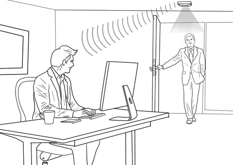 Illustration of Easy Install Door Alarm With 16x12 Foot Detection Area And 70dB Alert in small office setting with employee at desk.