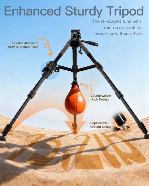 74 Inch Adjustable Rifle Tripod Stand With V Yoke Gun Rest, displaying aluminum tubes, ground spikes, and counterweight on sand