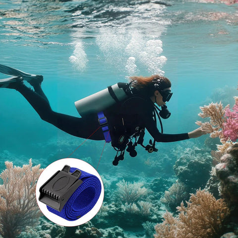 Person diving near coral with Two Piece Nylon Weight Belt Set With Hard Plastic Buckles For Freediving And Spearfishing Blue Adjustable 58 Inch Belts.