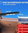 200W Solar Street Light with 6000 Lumens showing dimensions and IP65 waterproof rating for outdoor use.