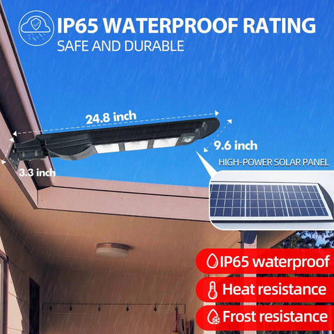 200W Solar Street Light with 6000 Lumens showing dimensions and IP65 waterproof rating for outdoor use.