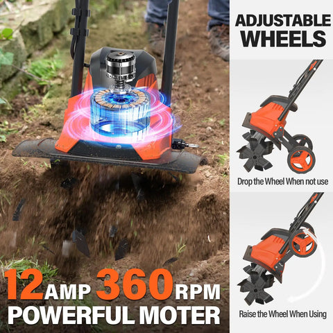 Electric Garden Tiller Cultivator With 14 Inch Cutting Width And Foldable Handle 12 Amp Corded Rototiller in action