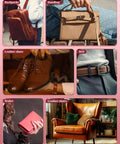 Image of various leather goods including backpacks, handbags, shoes, belts, wallets, and chairs for upholstery repairs.