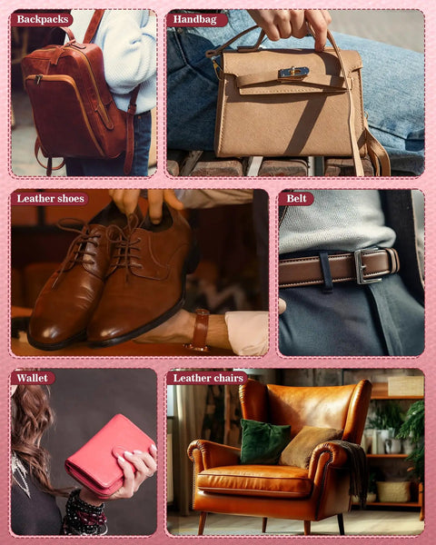 Image of various leather goods including backpacks, handbags, shoes, belts, wallets, and chairs for upholstery repairs.