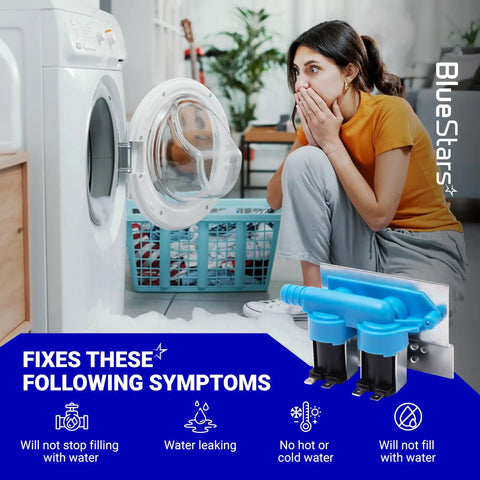 Woman examining washer, Washer Water Inlet Valve With Mounting Bracket Replacement For Whirlpool Kenmore KitchenAid in foreground