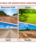 4 Pack 10 Inch Flat Free Tires For Gorilla Carts And Garden Wagons on various terrains like mountain path, grass, sand, and muddy