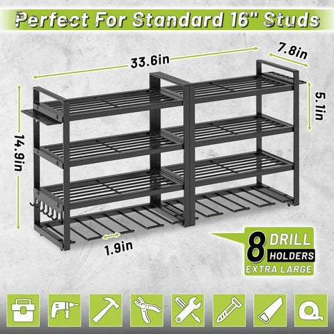 Power Tool Organizer Wall Mount With Four Detachable Tiers Heavy Duty Metal Rack Up To 300 Lbs shown in side view.
