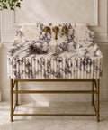 Calacatta Viola Marble Sink with Sculpted Backsplash, Fluted Vanity Washbasin, Hand-Carved Natural Stone Bathroom Basin, Custom Luxury Powder Room Sink, detailed view with fluted design and brass fixtures.